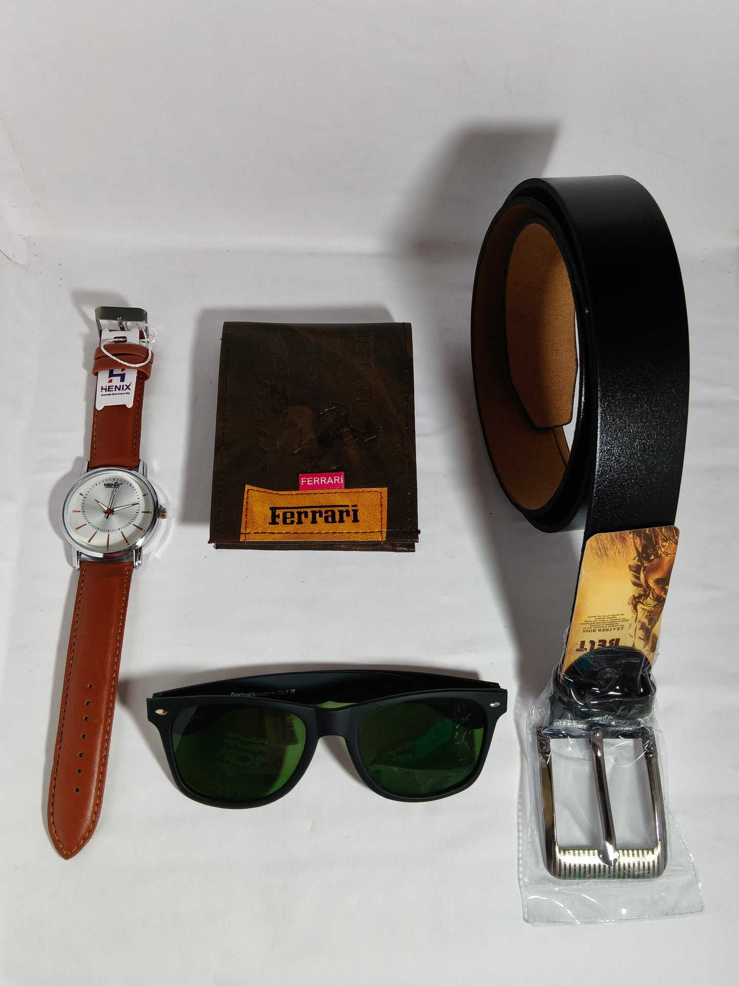Men’s Fashion Essentials Combo – Watch, Belt, Wallet & Sunglasses