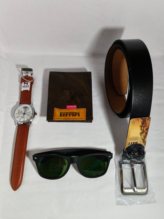 Men’s Fashion Essentials Combo – Watch, Belt, Wallet & Sunglasses