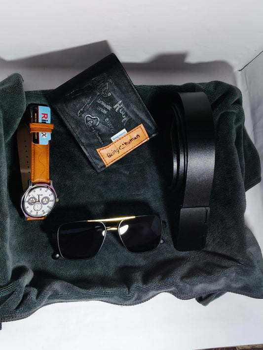 Classic Men’s Fashion Combo – Watch + Belt + Wallet + Sunglasses