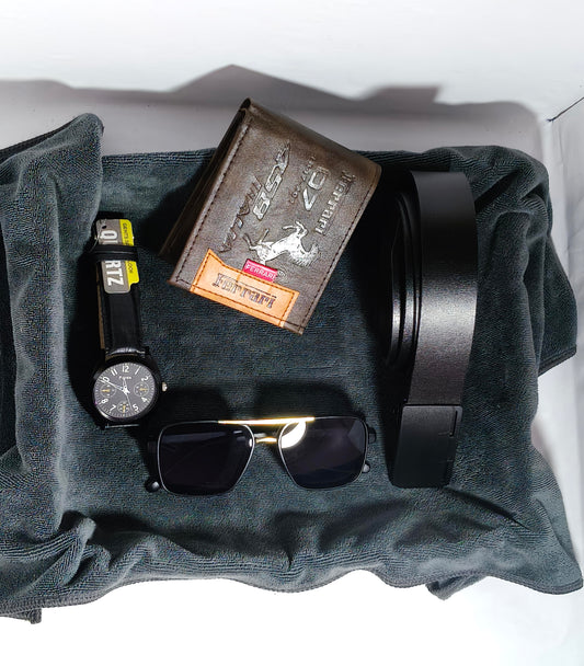 Trendy Men’s Combo Kit – Watch, Belt, Wallet & Sunglasses